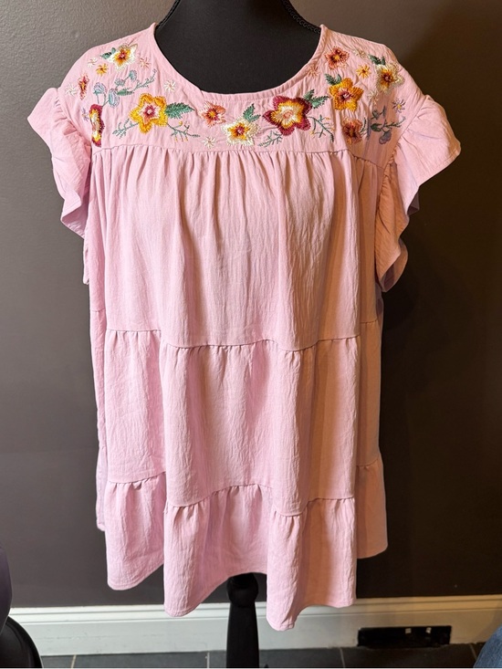 Oddi Tops - Pink Embroidered Flutter Sleeve Tiered Tunic
